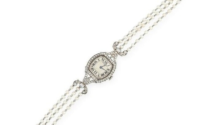 AN ANTIQUE DIAMOND AND PEARL WRIST WATCH, CARTIER EARLY
