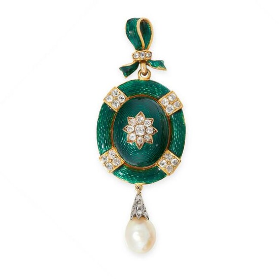 AN ANTIQUE DIAMOND, NATURAL PEARL AND ENAMEL MOURNING