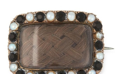 AN ANTIQUE PEARL, JET AND HAIRWORK MOURNING BROOCH