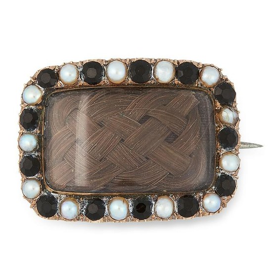 AN ANTIQUE PEARL, JET AND HAIRWORK MOURNING BROOCH