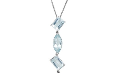 AN AQUAMARINE NECKLACE the pendant set with a row of octagonal step, marquise and pear cut