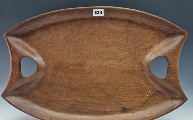 AN ARTS AND CRAFTS OAK TWO HANDLED TRAY INDISTINCTLY SIGNED BY A CRAFTSMAN FROM RYE