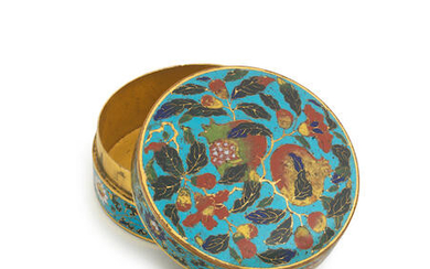 AN EXTREMELY RARE AND IMPORTANT CLOISONNÉ ENAMEL 'POMEGRANATES' CIRCULAR BOX AND COVER