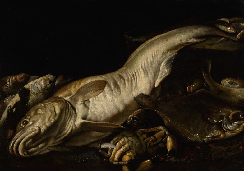 ATTRIBUTED TO GIUSEPPE RECCO | A STILL LIFE WITH A FORKHEAD HAKE, SEA BASS, CRAB AND OTHER FISH