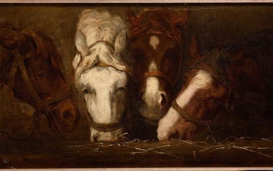 "AUGUST FRIEDRICH SCHENCK (1828-1901) Four horses at the manger Signed...