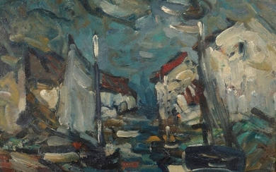 Abel BERTRAM (1871-1954). Le petit port. Huile sur panneau. Signé en bas à gauche. 32...