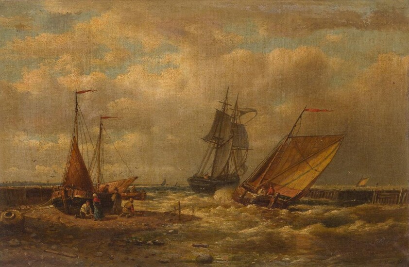 Abraham Hulk Snr, British / Dutch 1813-1897- A costal scene with boats leaving the harbour; oil on canvas laid down on panel, signed 'A. Hulk Sr' (lower right), 39 x 55 cm. Provenance: Private Collection, UK.