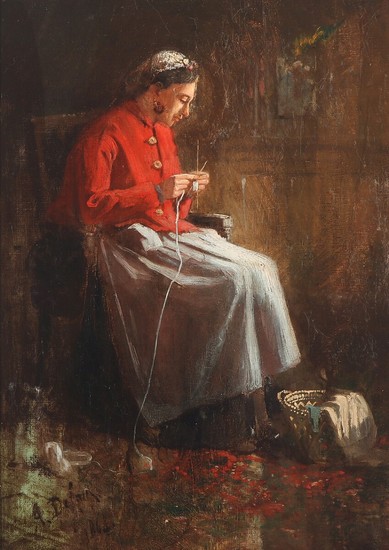 Alexandre Defaux: Knitting woman in a red jacket. Signed and dated A. Defaux 1868. Oil on canvas. 39×28.5 cm.