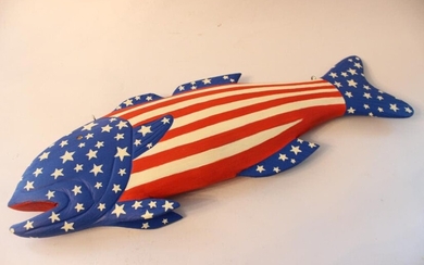 American Hand Carved Wooden Patriotic Flag Fish
