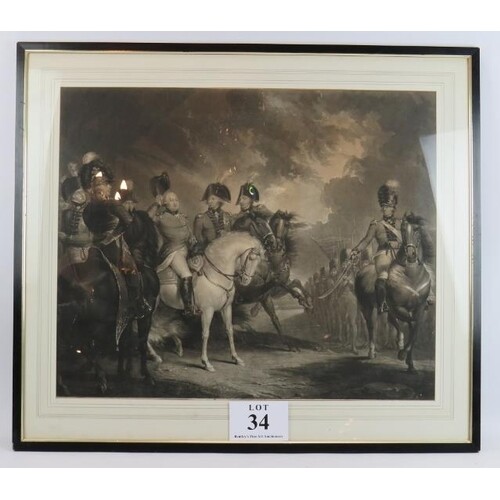 An 1799 stipple engraving of George III on horseback in a ba...