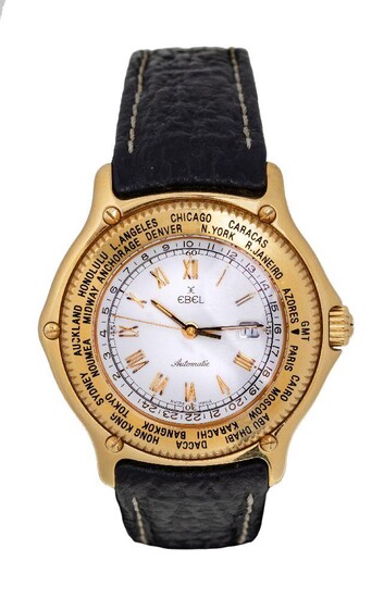 An 18ct gold, 'Voyager' Worldtime automatic wristwatch, by Ebel, the circular dial applied with Roman numerals with date aperture, leather strap with Ebel buckle, automatic movement, dial signed Ebel, reverse of case signed Voyager and numbered...
