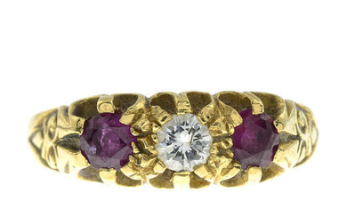 An 18ct gold diamond and ruby three-stone ring.