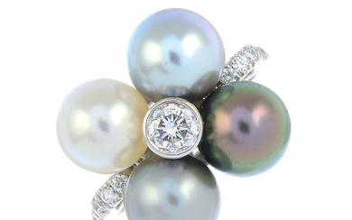 An 18ct gold vari-hue cultured pearl and brilliant-cut diamond ring.