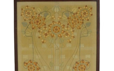 An Art Nouveau mahogany fire-screen with 'Glasgow School' Embroidered panel...