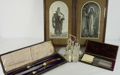 An Edwardian three piece carving set, with horn and ivory handles and silver collars, hallmarked