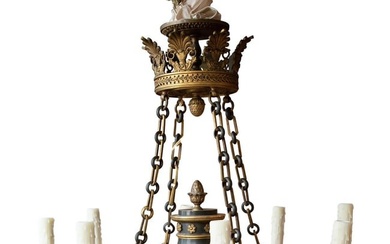 An Empire Style Patinated and Gilt Bronze Eight-Light Chandelier