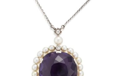 An amethyst and cultured pearl suite comprised of an...