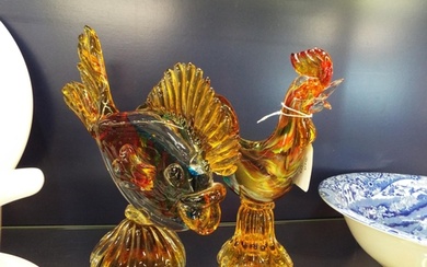 An art glass cockerel and a fish