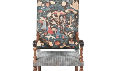 An early 18th century Continental walnut high back armchair,...