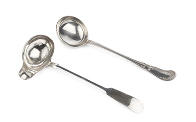An early 19th century German silver fiddle pattern soup ladle,...