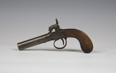 An early 19th century percussion pistol with turn-off barrel, barrel length 7.5cm, foliate engraved