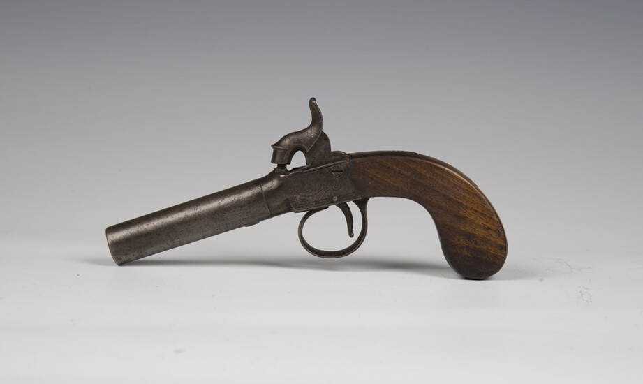 An early 19th century percussion pistol with turn-off barrel, barrel length 7.5cm, foliate engraved