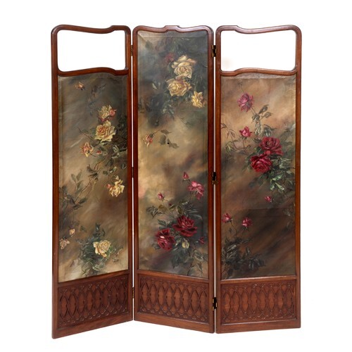 An early 20th century mahogany four fold screen, with canvas...