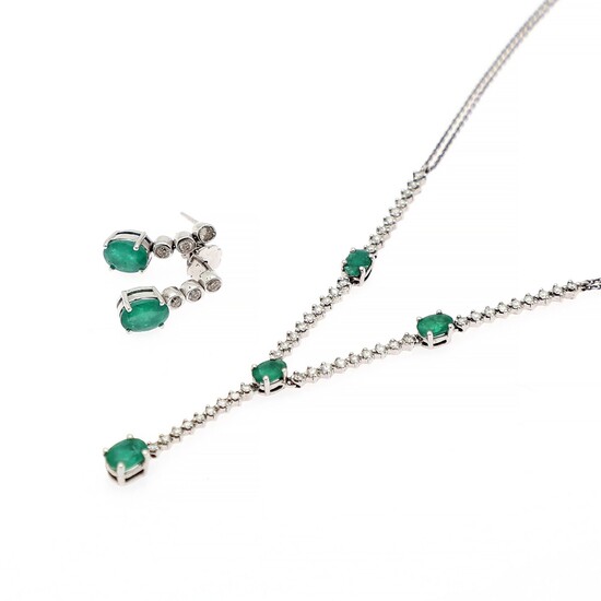 NOT SOLD. An emerald and diamond jewellery set comprising a necklace and a pair of...