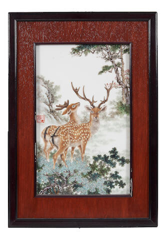 An enamelled 'deer' ceramic plaque