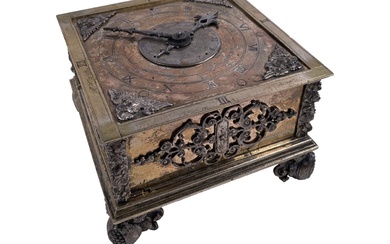 An important Dresden square cased horizontal table clock with quarter/hour...