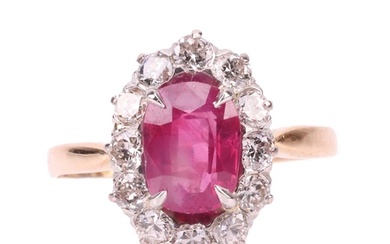 An unheated Burmese ruby and diamond entourage ring, centred...