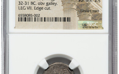 Ancients: , Marc Antony (43-30 BC). AR denarius (18mm, 3.28 gm, 5h). NGC XF 5/5 - 2/5, bankers mark, edge cut....