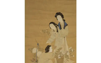 Anonymous, Chinese School, 19th century 'Ladies arranging flowers' Ink and colour on...