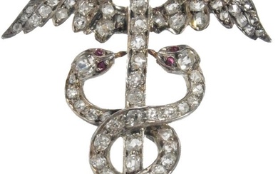 Antique 3.50ctw Old Cut Diamond Natural Ruby Caduceus Large Gold w/ Silver Top Victorian Era Brooch