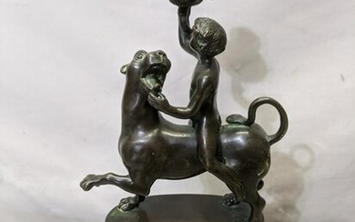 Antique Bronze on Marble Sculpture Boy Riding Cat