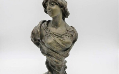 Antique Figural Bronze Female Bust On Onyx Base