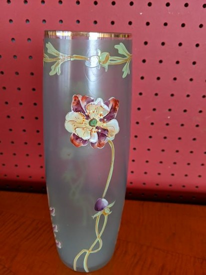Antique Frosted Hand Painted Flowers Glass Vase