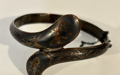 Antique Hinged Siam Sterling Silver Etched Bangle Bracelet sz 8"