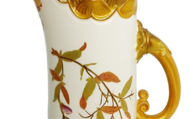 Antique Victorian Royal Worcester Custard Cream Color Floral Porcelain Ewer Pitcher
