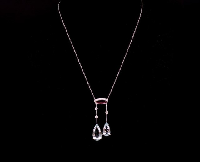 Aquamarine set 18ct white gold drop necklace alsoe set with ...