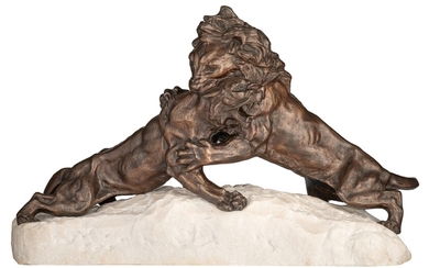 Armand Fagotto, two lions fighting, patinated bronze on a Carrara marble base, H 41 -...