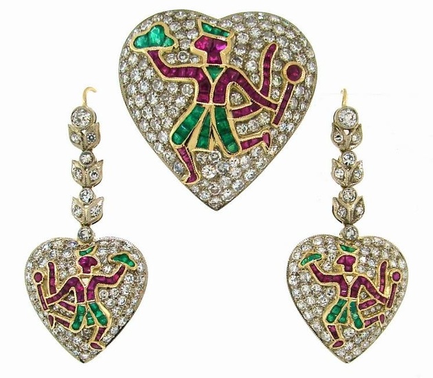 Art Deco DIAMOND RUBY EMERALD PLATINUM GOLD EARRINGS PIN SET 1930s Indian Epic