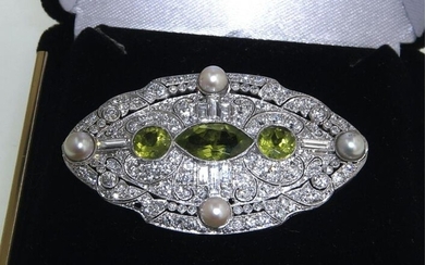 Art Deco Diamond Peridot and Pearl Brooch/ Pendant