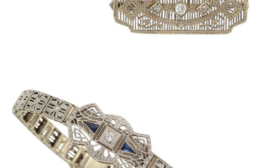 Art Deco Diamond, Synthetic Sapphire, White Gold Jewelry The...