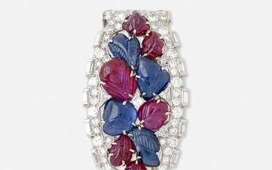 Art Deco, Diamond, carved ruby and sapphire brooch