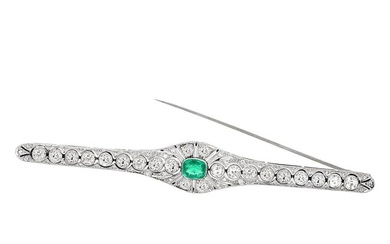Art Deco Platinum Antique Emerald and Diamond Bar Brooch