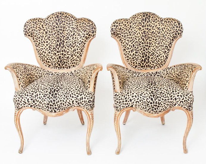 A. Rateau Style Art Deco w Leopard-Print Chairs Pr