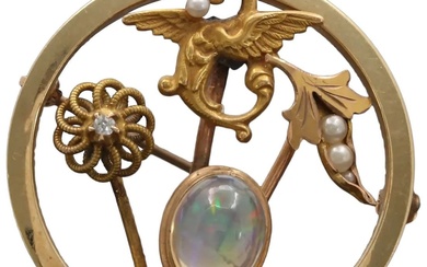 Art Nouveau 14K Yellow Gold Translucent Opal Diamond Seed Pearls...