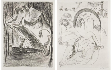 Arthur Boyd AC OBE, Australian 1920-1999- The Boat and Severe Famine, 1996; two soft-ground etchings on BFK Rives wove, both signed and numbered 42/45 in pencil, printed by Diana Davidson at Whaling Road Studios, Sydney, with their blindstamp...