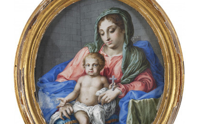 Artist active in Rome, 17th century Madonna and Child Tempera on oval parchment, 18.2x15.1 cm. Framed (defects)